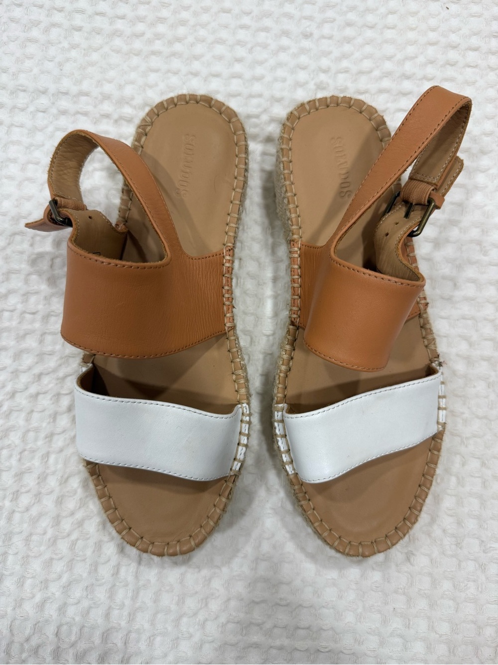 Soludos White and Tan Leather Two-Band Slingback Sandals